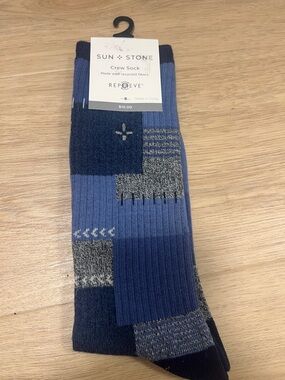 Sun + Stone Patchwork Blue Crew Socks